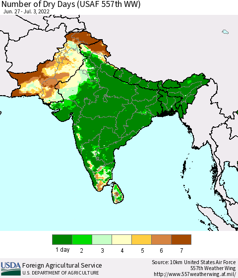 Southern Asia Number of Dry Days (USAF 557th WW) Thematic Map For 6/27/2022 - 7/3/2022