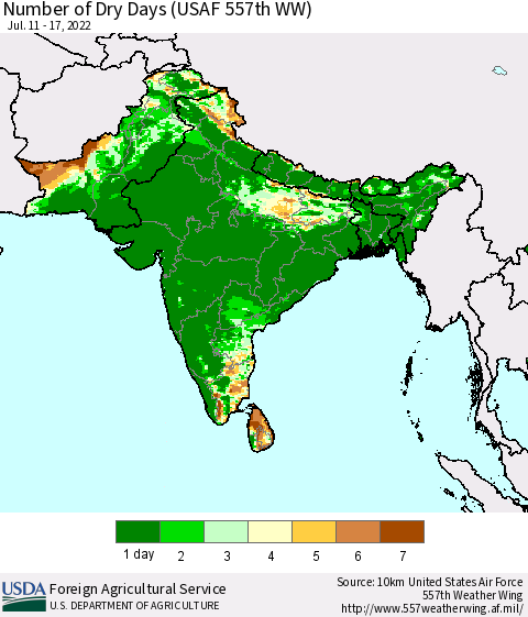 Southern Asia Number of Dry Days (USAF 557th WW) Thematic Map For 7/11/2022 - 7/17/2022
