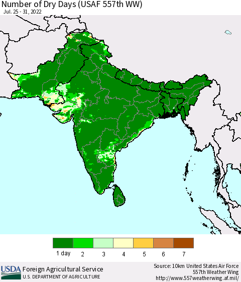 Southern Asia Number of Dry Days (USAF 557th WW) Thematic Map For 7/25/2022 - 7/31/2022