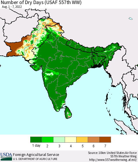 Southern Asia Number of Dry Days (USAF 557th WW) Thematic Map For 8/1/2022 - 8/7/2022