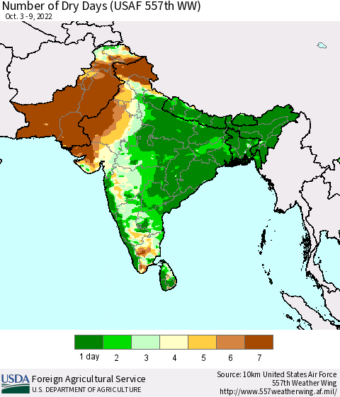 Southern Asia Number of Dry Days (USAF 557th WW) Thematic Map For 10/3/2022 - 10/9/2022