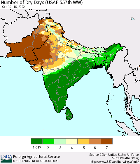 Southern Asia Number of Dry Days (USAF 557th WW) Thematic Map For 10/10/2022 - 10/16/2022