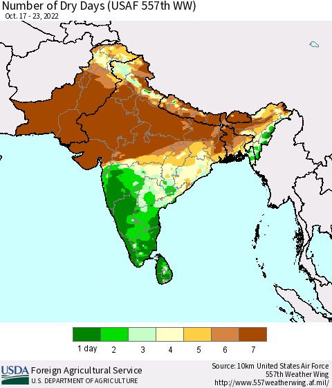Southern Asia Number of Dry Days (USAF 557th WW) Thematic Map For 10/17/2022 - 10/23/2022