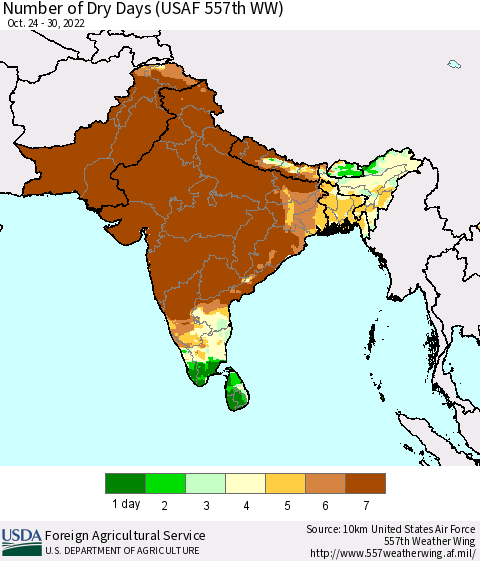 Southern Asia Number of Dry Days (USAF 557th WW) Thematic Map For 10/24/2022 - 10/30/2022