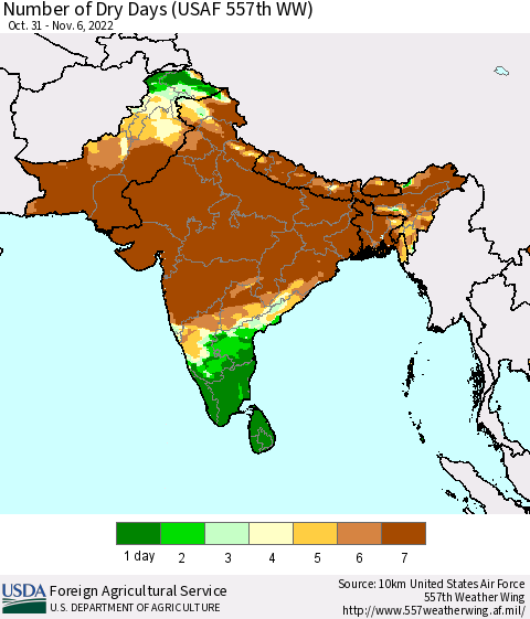 Southern Asia Number of Dry Days (USAF 557th WW) Thematic Map For 10/31/2022 - 11/6/2022