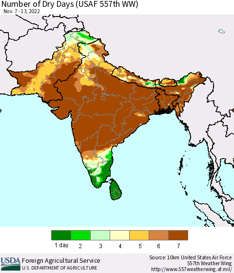 Southern Asia Number of Dry Days (USAF 557th WW) Thematic Map For 11/7/2022 - 11/13/2022