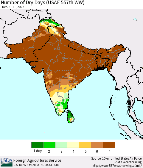 Southern Asia Number of Dry Days (USAF 557th WW) Thematic Map For 12/5/2022 - 12/11/2022