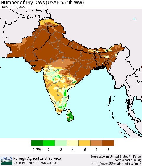 Southern Asia Number of Dry Days (USAF 557th WW) Thematic Map For 12/12/2022 - 12/18/2022