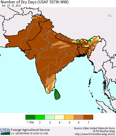 Southern Asia Number of Dry Days (USAF 557th WW) Thematic Map For 12/19/2022 - 12/25/2022