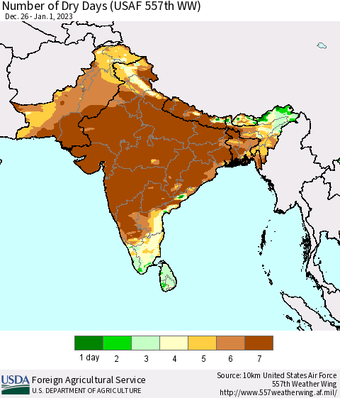 Southern Asia Number of Dry Days (USAF 557th WW) Thematic Map For 12/26/2022 - 1/1/2023
