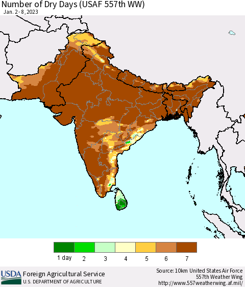 Southern Asia Number of Dry Days (USAF 557th WW) Thematic Map For 1/2/2023 - 1/8/2023