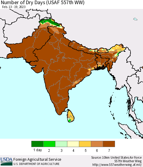 Southern Asia Number of Dry Days (USAF 557th WW) Thematic Map For 2/13/2023 - 2/19/2023