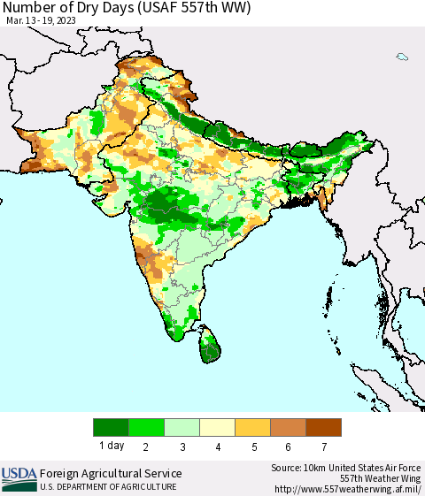 Southern Asia Number of Dry Days (USAF 557th WW) Thematic Map For 3/13/2023 - 3/19/2023