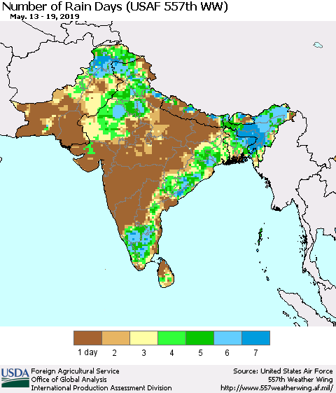 Southern Asia Number of Rain Days (USAF 557th WW) Thematic Map For 5/13/2019 - 5/19/2019