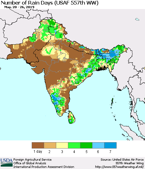 Southern Asia Number of Rain Days (USAF 557th WW) Thematic Map For 5/20/2019 - 5/26/2019