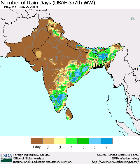 Southern Asia Number of Rain Days (USAF 557th WW) Thematic Map For 5/27/2019 - 6/2/2019