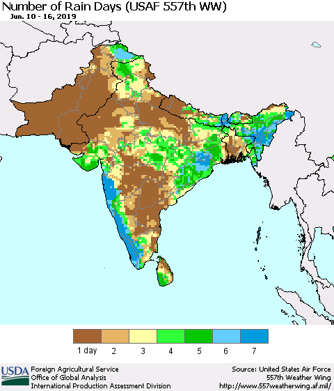 Southern Asia Number of Rain Days (USAF 557th WW) Thematic Map For 6/10/2019 - 6/16/2019