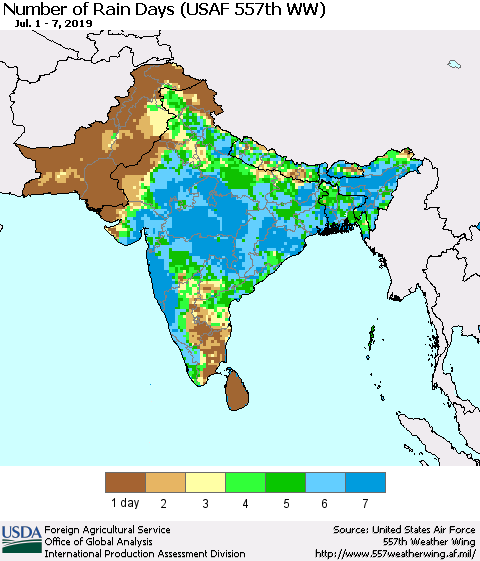 Southern Asia Number of Rain Days (USAF 557th WW) Thematic Map For 7/1/2019 - 7/7/2019