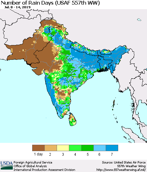 Southern Asia Number of Rain Days (USAF 557th WW) Thematic Map For 7/8/2019 - 7/14/2019