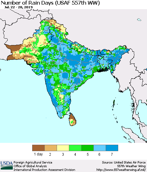 Southern Asia Number of Rain Days (USAF 557th WW) Thematic Map For 7/22/2019 - 7/28/2019