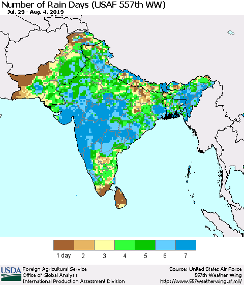 Southern Asia Number of Rain Days (USAF 557th WW) Thematic Map For 7/29/2019 - 8/4/2019
