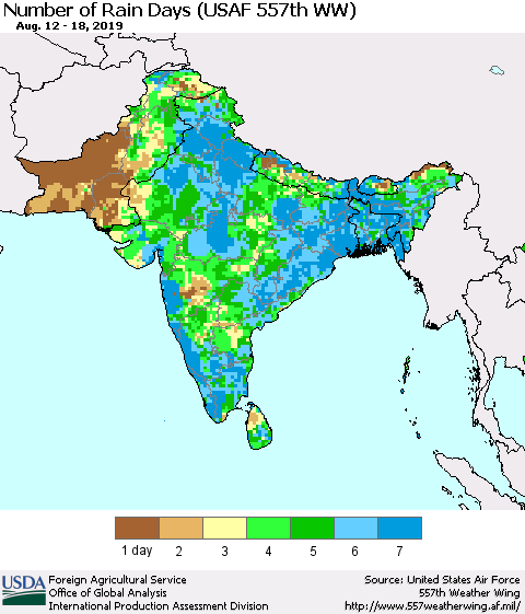Southern Asia Number of Rain Days (USAF 557th WW) Thematic Map For 8/12/2019 - 8/18/2019