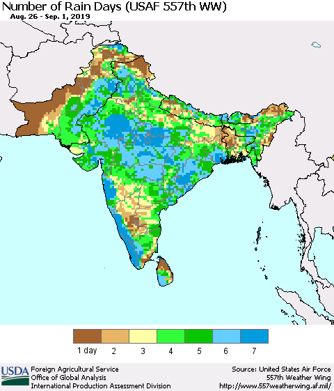 Southern Asia Number of Rain Days (USAF 557th WW) Thematic Map For 8/26/2019 - 9/1/2019