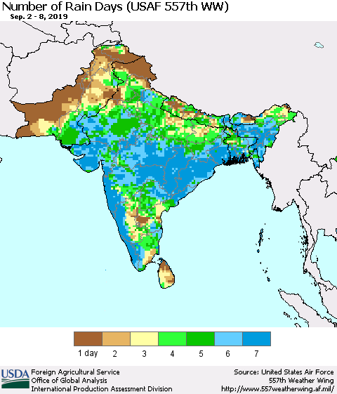 Southern Asia Number of Rain Days (USAF 557th WW) Thematic Map For 9/2/2019 - 9/8/2019