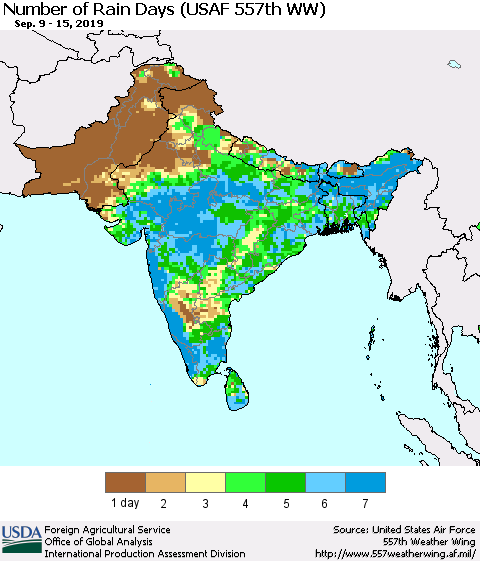 Southern Asia Number of Rain Days (USAF 557th WW) Thematic Map For 9/9/2019 - 9/15/2019
