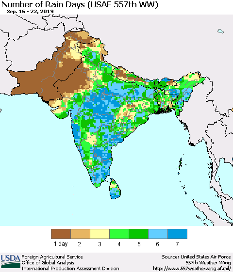Southern Asia Number of Rain Days (USAF 557th WW) Thematic Map For 9/16/2019 - 9/22/2019