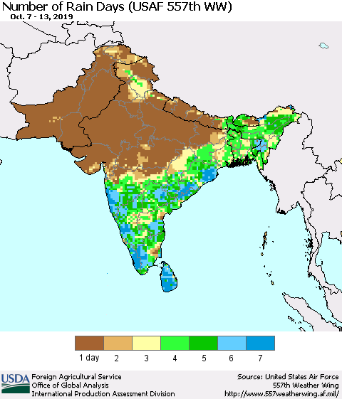 Southern Asia Number of Rain Days (USAF 557th WW) Thematic Map For 10/7/2019 - 10/13/2019