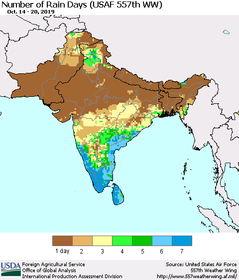 Southern Asia Number of Rain Days (USAF 557th WW) Thematic Map For 10/14/2019 - 10/20/2019