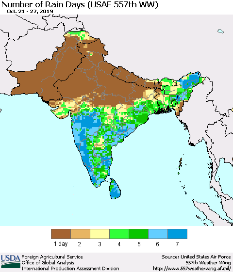 Southern Asia Number of Rain Days (USAF 557th WW) Thematic Map For 10/21/2019 - 10/27/2019