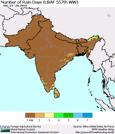 Southern Asia Number of Rain Days (USAF 557th WW) Thematic Map For 12/23/2019 - 12/29/2019
