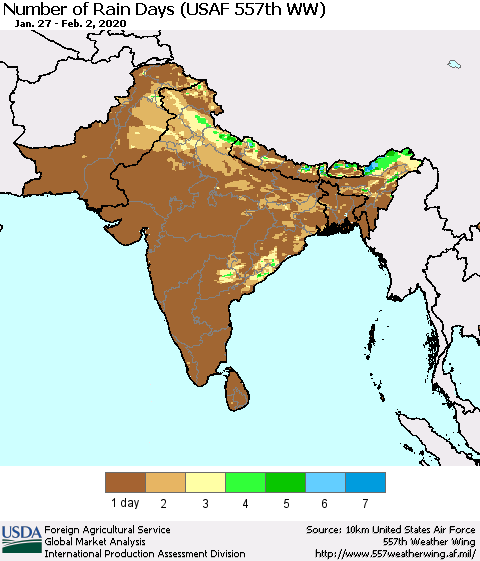 Southern Asia Number of Rain Days (USAF 557th WW) Thematic Map For 1/27/2020 - 2/2/2020