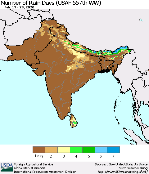 Southern Asia Number of Rain Days (USAF 557th WW) Thematic Map For 2/17/2020 - 2/23/2020