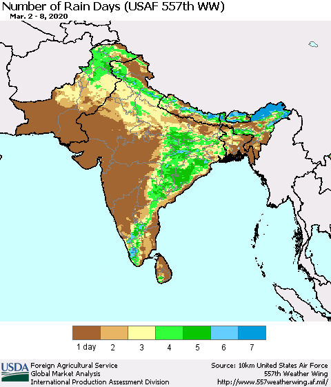 Southern Asia Number of Rain Days (USAF 557th WW) Thematic Map For 3/2/2020 - 3/8/2020