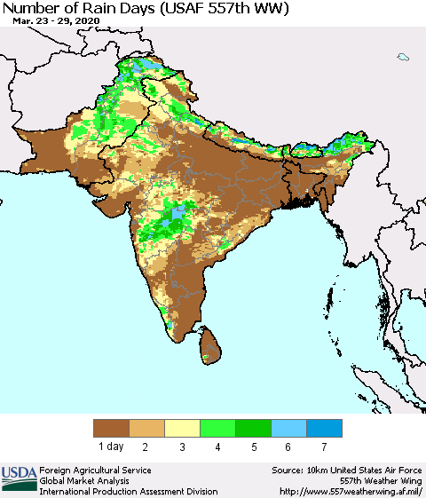 Southern Asia Number of Rain Days (USAF 557th WW) Thematic Map For 3/23/2020 - 3/29/2020