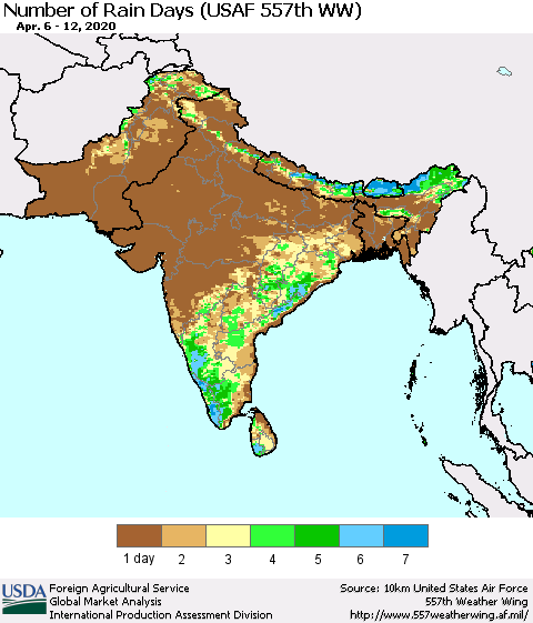 Southern Asia Number of Rain Days (USAF 557th WW) Thematic Map For 4/6/2020 - 4/12/2020