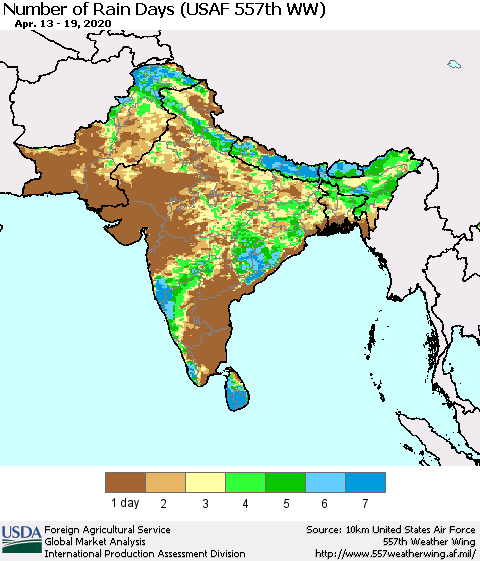 Southern Asia Number of Rain Days (USAF 557th WW) Thematic Map For 4/13/2020 - 4/19/2020