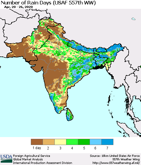 Southern Asia Number of Rain Days (USAF 557th WW) Thematic Map For 4/20/2020 - 4/26/2020