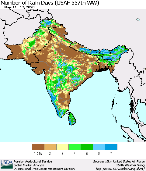 Southern Asia Number of Rain Days (USAF 557th WW) Thematic Map For 5/11/2020 - 5/17/2020