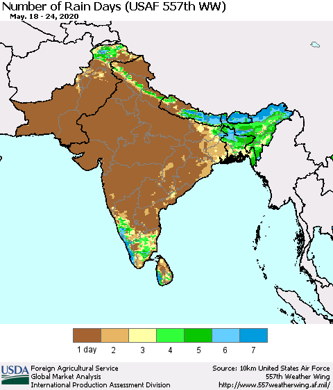Southern Asia Number of Rain Days (USAF 557th WW) Thematic Map For 5/18/2020 - 5/24/2020