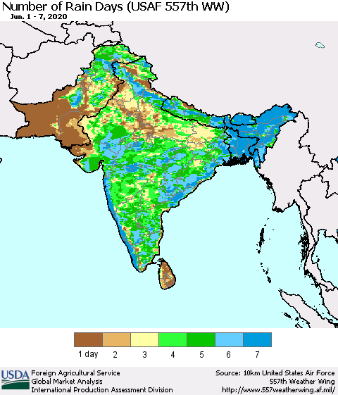 Southern Asia Number of Rain Days (USAF 557th WW) Thematic Map For 6/1/2020 - 6/7/2020