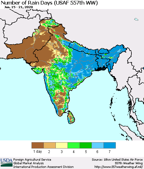 Southern Asia Number of Rain Days (USAF 557th WW) Thematic Map For 6/15/2020 - 6/21/2020