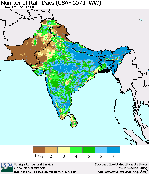 Southern Asia Number of Rain Days (USAF 557th WW) Thematic Map For 6/22/2020 - 6/28/2020