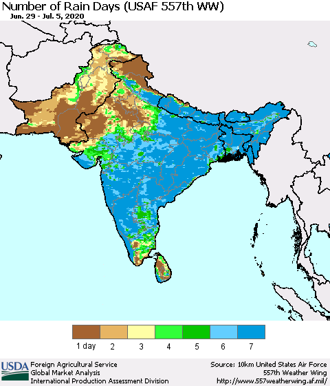 Southern Asia Number of Rain Days (USAF 557th WW) Thematic Map For 6/29/2020 - 7/5/2020
