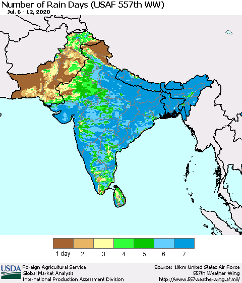 Southern Asia Number of Rain Days (USAF 557th WW) Thematic Map For 7/6/2020 - 7/12/2020