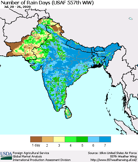 Southern Asia Number of Rain Days (USAF 557th WW) Thematic Map For 7/20/2020 - 7/26/2020