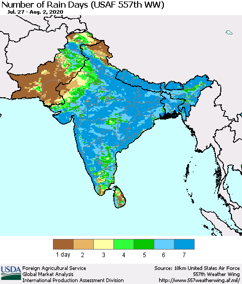 Southern Asia Number of Rain Days (USAF 557th WW) Thematic Map For 7/27/2020 - 8/2/2020